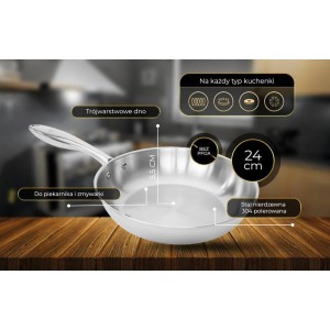 Patelnia Stainless Steel 304 bez powłoki 24cm, indukcja SHIORI